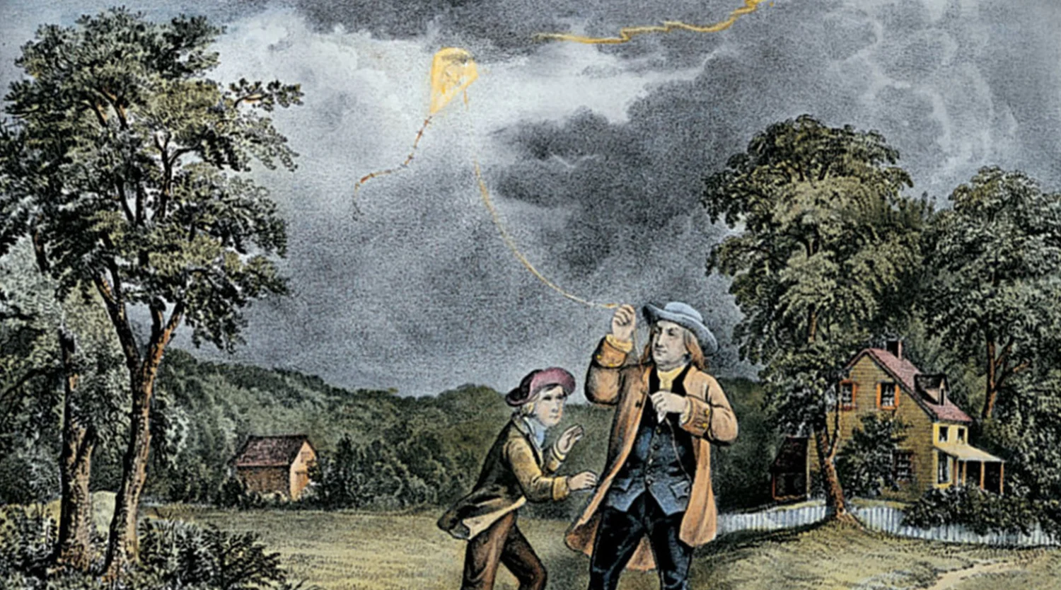 Benjamin Franklin realizando su experimento eléctrico con la cometa