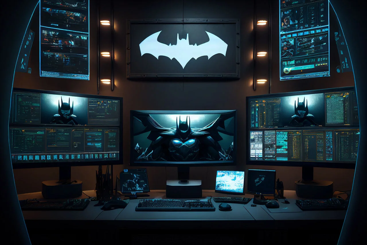 Interior tecnologico de la Batcave con computadoras avanzadas Interior tecnológico de la Batcave con computadoras avanzadas